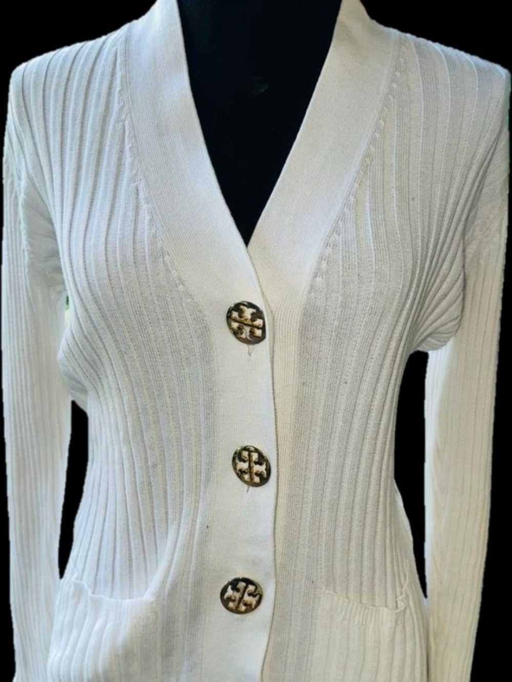 Tory Burch White Ribbed Shawl-Collar Cardigan with Gold Buttons